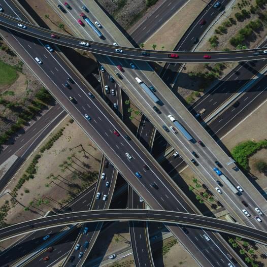 Aerial view of a busy highway interchange