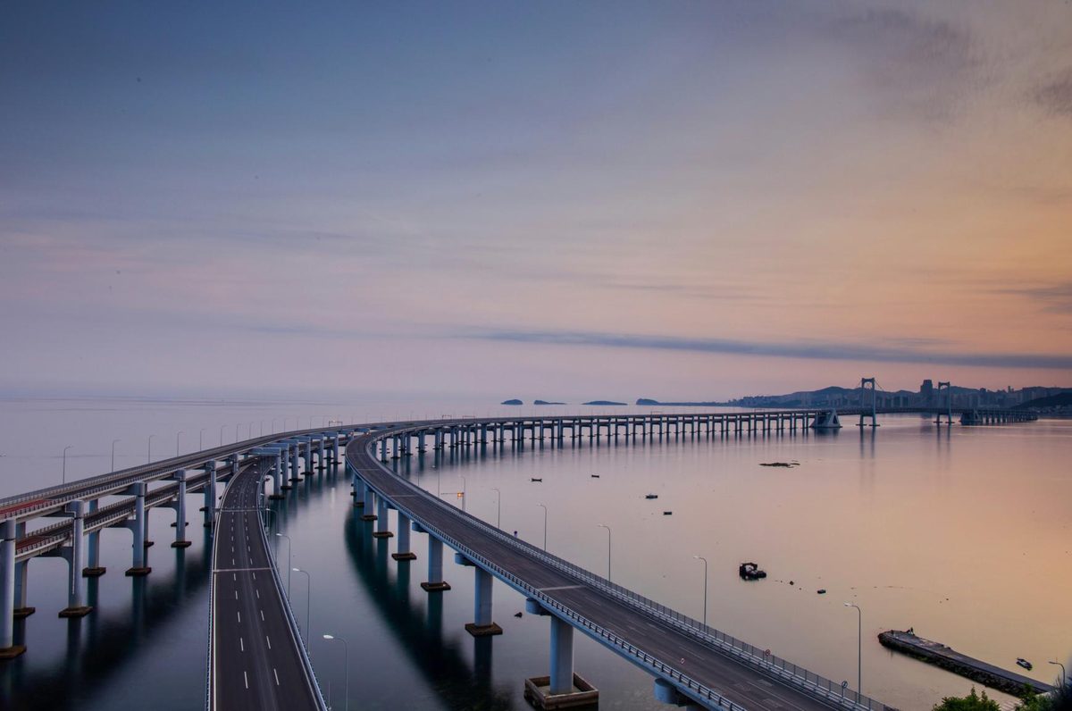 Sea-crossing bridge at dusk