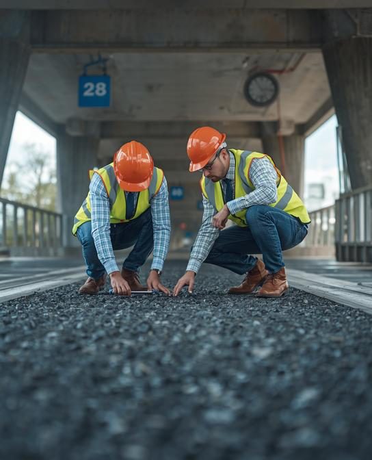 Jexim engineers inspecting freshly laid pavement on a bridge deck