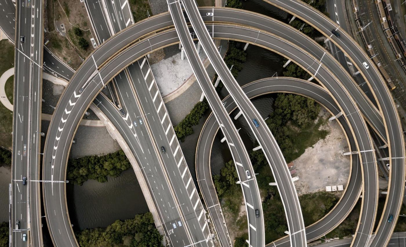 Aerial view of a multi-level highway interchange